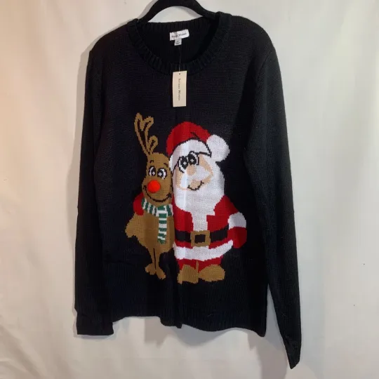 Studio Works Rudolph & Santa Claus Ugly Christmas Sweater Women’s Size XL Black