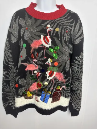 Discover 33 Degrees Womens Small Ugly Christmas Sweater Flamingos Sparkle Holiday Party