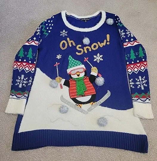 Discover Christmas Sweater United States Sweaters Penguin Sequins 3D Skis Womens XL Ugly