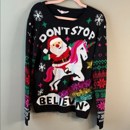 Women's Don't Stop Believin Ugly Christmas Sweater Unicorn XXL