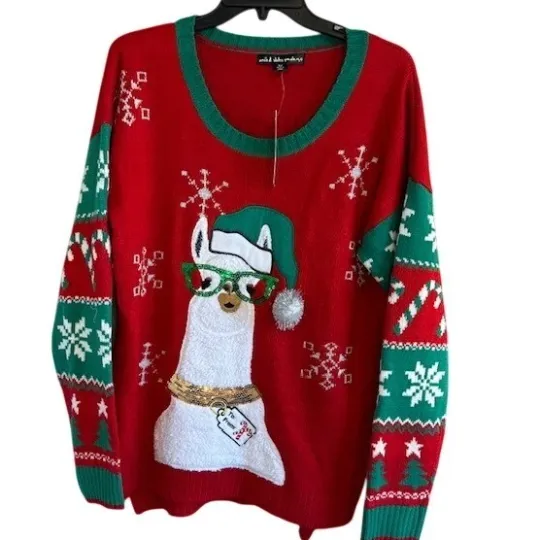 Ugly Christmas Holiday Sweater Women's Red Llama Long Sleeve Acrylic XL