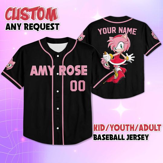 Discover Personalized Amy Rose Baseball Jersey, Custom Amy Rose the Hedgehog Jersey, Sonic the Hedgehog Baseball Team Outfit, Birthday Gift