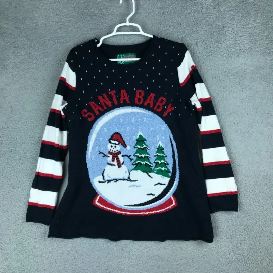 Ugly Christmas Sweater Santa Baby Long Sleeve Crew Neck Blue Knit Sweater Size L