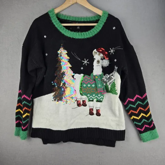 Discover Ugly Christmas Sweater Womens Large 33 Degrees 3D Llama Tree Sequin Holiday Fun