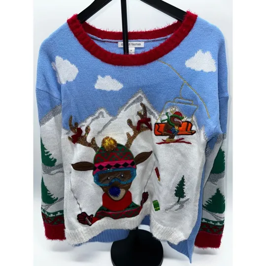 Celebrate Together Womens Medium Skiing Reindeer Ugly Christmas Sweater M