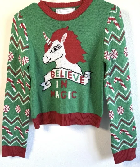 Kids Christmas Sweater Medium Unicorn Believe In Magic Holiday Ugly Sweater