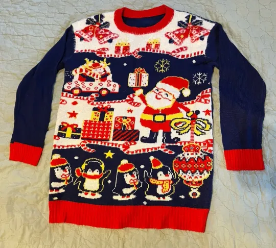 Ugly Christmas Sweater Designers Santa North Pole Presents Penguins SZ M