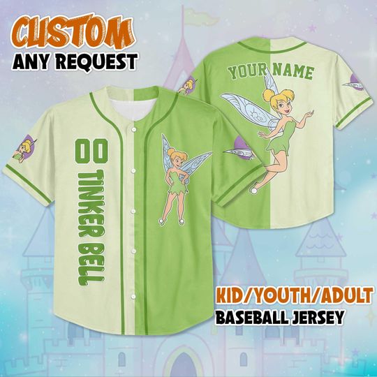 Custom Tinker Bell Baseball Jersey, Personalized Disney Peter Pan Shirt, Disneyland Baseball Team Outfit, Gift for Disney Fans