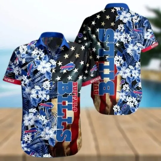 Discover Buffalo Hawaiian Shirt Hibiscus Flower And America Flag, Gift for Fan