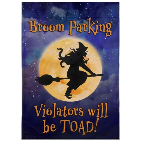 Discover Halloween Broom Parking 12x18in Garden Flag Spooky Witch Front Yard Home Decor