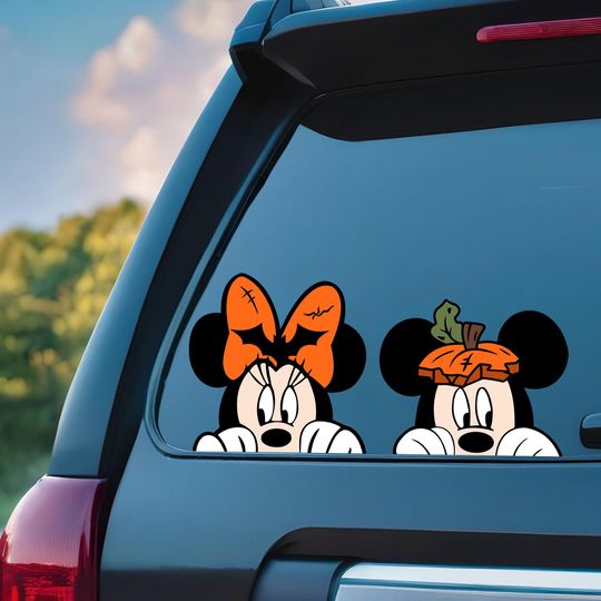 Discover Cute Peeking Mickey & Minnie Halloween Car Decal, Mickey Minnie Pumpkin Peeker Car Window Sticker, Disney Decal for Car Door, Home Decor