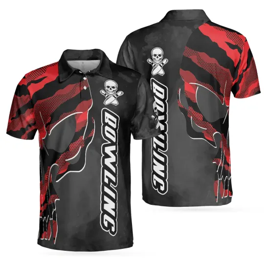 Bowling Skull With Camouflage Polo Shirt, Red And Black - Polo Shirt for men