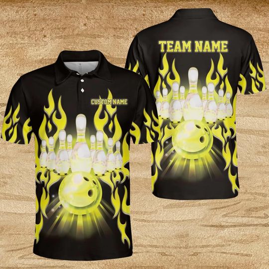 Discover Custom Bowling Team Polo: Yellow Flame Strike, Personalized Name