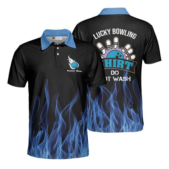 Discover Lucky Bowling Shirt Polo, Do Not Wash, Custom Name, Blue Flames, Funny Men's League Bowling Jersey, Moisture Wicking Bowler Gift