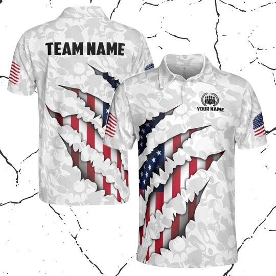 Discover Custom Name Team Patriotic American Flag Bowling Men's Polo Shirt S-5XL