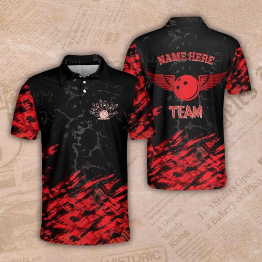 Custom Bowling Team Polo: Red Black Grunge, Winged Ball, Personalized Name & Team