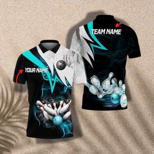 Bowling Team Polo Shirt Custom Name Strike Pins Sports Tournament Tee