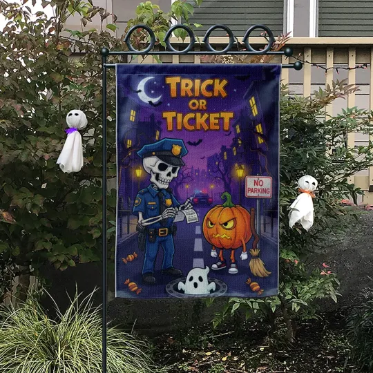 Halloween Skeleton Cop & Pumpkin Garden Flag, Trick or Treat Outdoor Decor