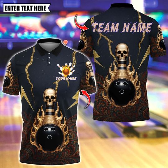 Discover Custom Bowling Polo Shirt, Metal Skull Bowling Design, Personalized Bowling Polo for Men Women,Personalized Name Team 3D Shirt