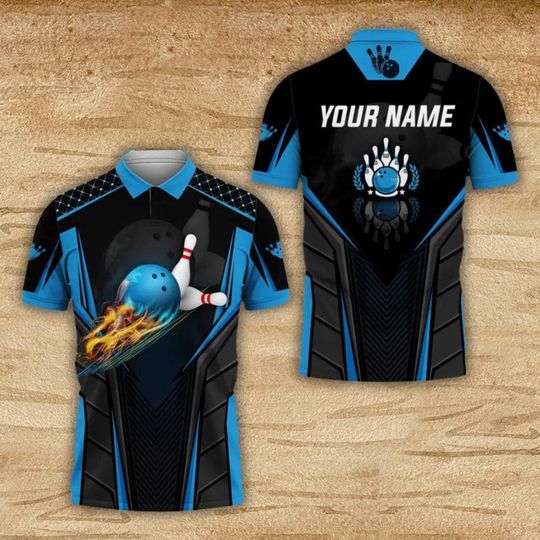 Custom Bowling Polo  Blue Flame Strike, Your Name Back, Unisex League Shirt