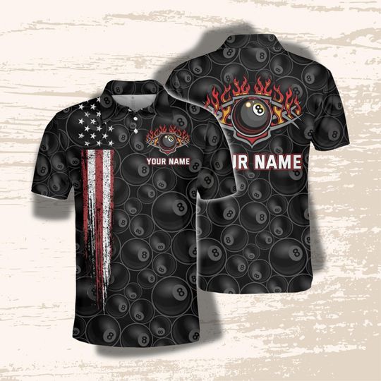 Discover Custom Bowling Polo  8 Ball Pattern & USA Stripe, Flaming 8-Ball, Your Name Front/Back, Unisex League Shirt