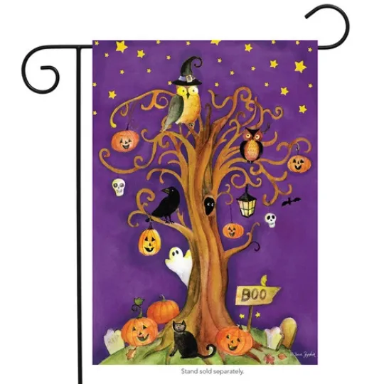 Discover BRIARWOOD LANE Sleeved Garden Flag Halloween Tree Owl Ghost Bat Cat