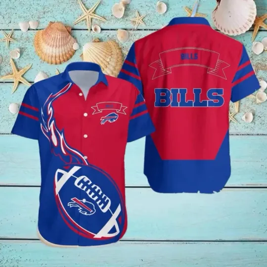 Discover Buffalo Bills Football Flames Red And Blue Summer Aloha Unisex Hawaiian Shirt