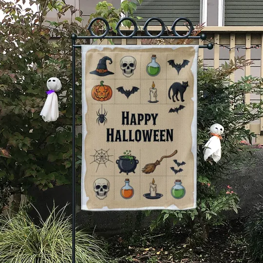 Discover Happy Halloween Garden Flag, Vintage Spooky Yard Decor, Retro Witch Skull Art
