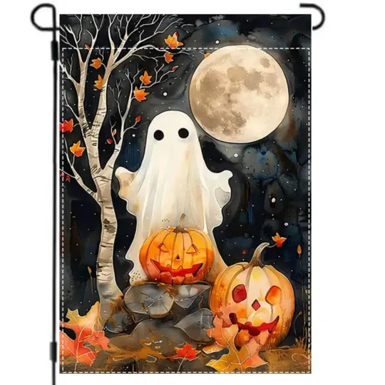 Halloween Ghost and Pumpkins Garden Flag, Burlap Polyester Full Moon Decoration