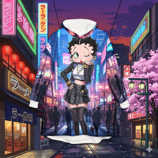 Discover Betty Boop Neon Unisex Hooded Blanket, Cozy Fleece Throw for Movie Nights, Cute Gift for Friends, Sleepovers, Festivals, Anime Lover