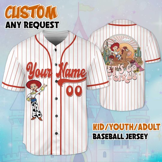 Custom Toy Story Jessie and Bullseye Lets Go Girls Baseball Jersey, Disney Toy Story Jersey, Disneyland Baseball Team Outfit, Birthday Gift