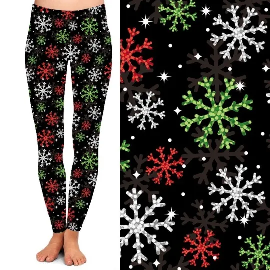 Women's Christmas Snowflakes Leggings, Green Red White