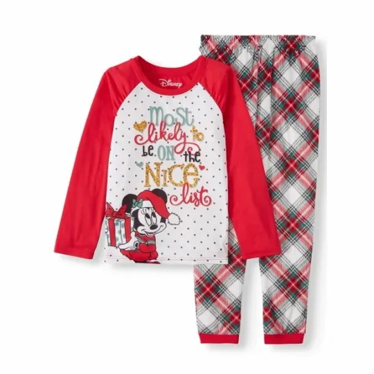 Disney Minnie Mouse Christmas Pajamas Raglan Top & Minky Joggers 2-PC Girl 4/5
