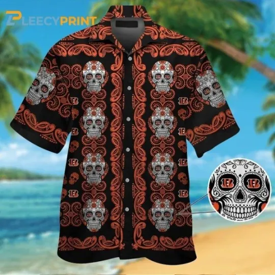 Discover Cincinnati Bengalsskull Sugar Skull Pattern Hawaiian Shirt, Gift for Fan