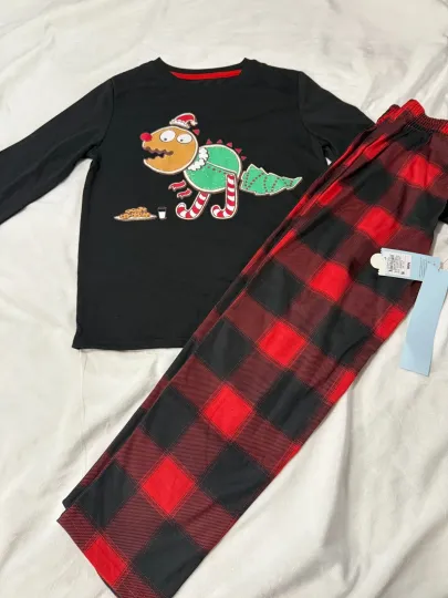 Cat & Jack Boy's Long Sleeve Christmas Pajama Set 2pc Black Red Plaid Cookie