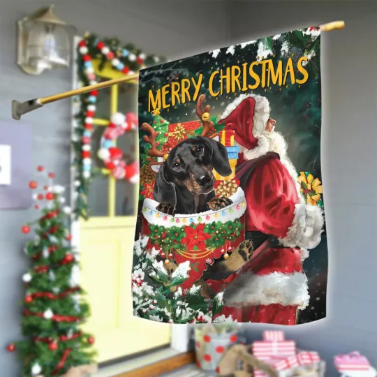 Dachshund Dog Merry Christmas Flag, Dachshund Dog Santa Snow Pocket Xmas Flag