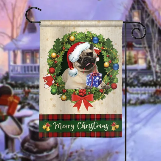 Pug Dog Merry Christmas Flag, Pug Dog Christmas Wreath Flag, Pug Dog Xmas Flag