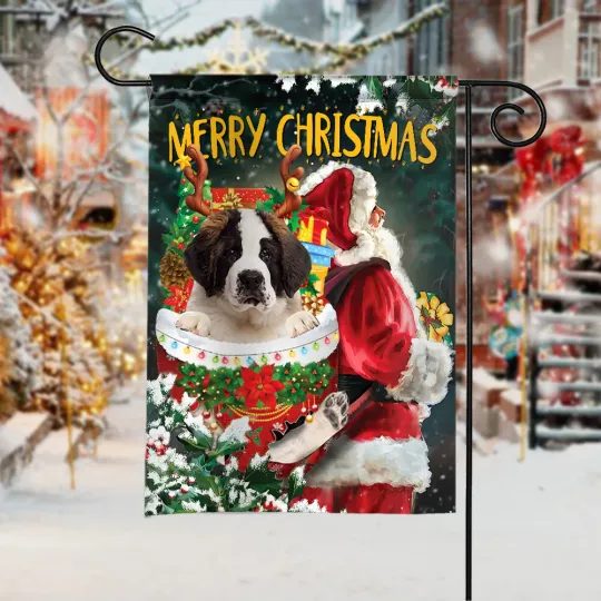 Discover Saint Bernard Dog Merry Christmas Flag, St Bernard Dog Snow Pocket Xmas Flag