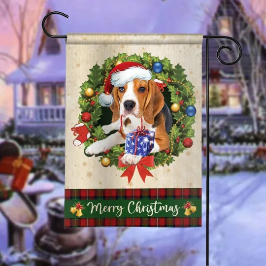 Beagle Dog Merry Christmas Flag, Beagle Dog Christmas Wreath Flag, Dog Xmas Flag