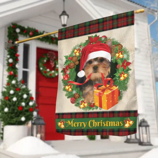 Yorkshire Terrier Dog Merry Christmas Flag, love Dog Christmas Wreath Flag
