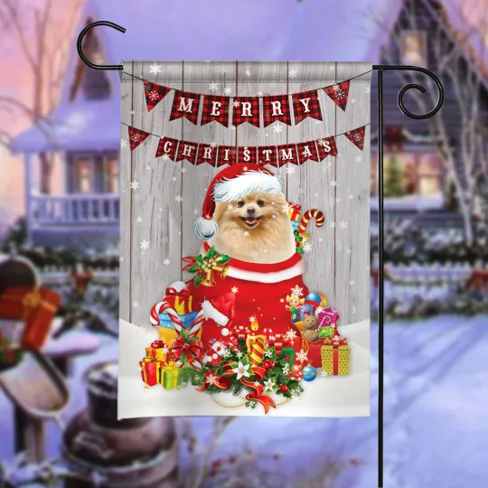 Pomeranian Dog Merry Christmas Flag, Pomeranian Dog Santa Claus Xmas Flag