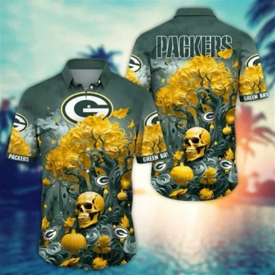 Discover Green Bay Packers Halloween Skull Summer Aloha Unisex Hawaiian Shirt