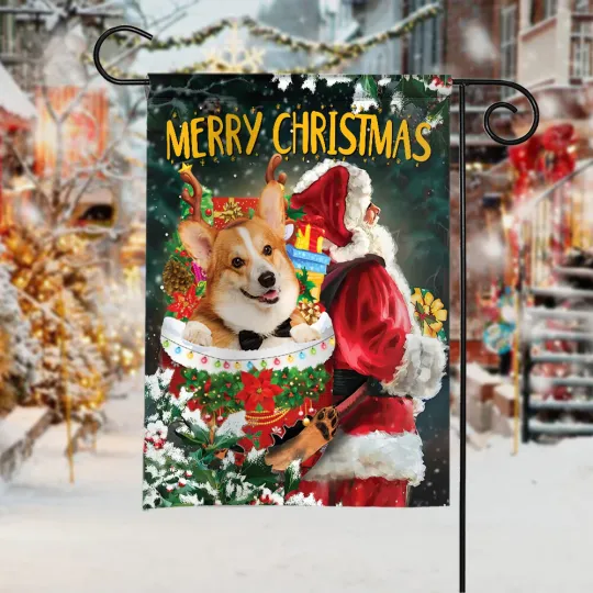 Corgi Dog Merry Christmas Flag, Corgi Dog Santa Claus Snow Pocket Xmas Flag