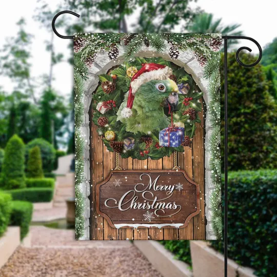 Parrot Merry Christmas Flag, Love Parrot Christmas Wreath Parrot Xmas Flag