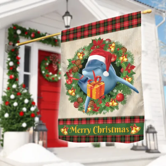 Dolphin Merry Christmas Flag, Love Dolphin Christmas Wreath Dolphin Xmas Flag