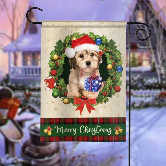 Havanese Dog Merry Christmas Flag, Havanese Dog Christmas Wreath Xmas Flag