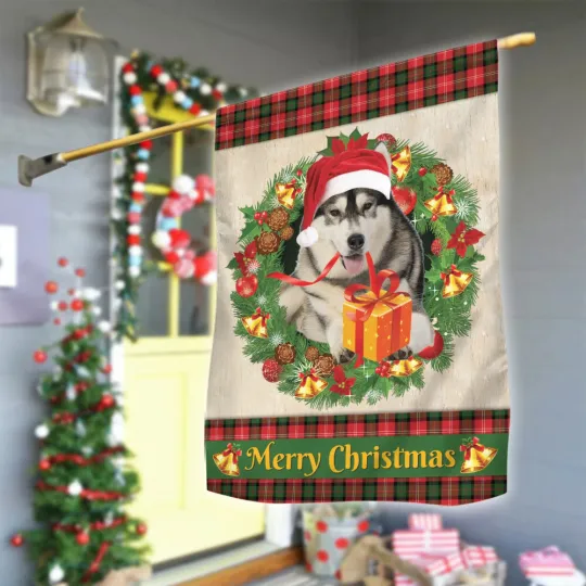 Siberian Husky Dog Merry Christmas Flag, Love Dog Christmas Wreath dog Xmas Flag