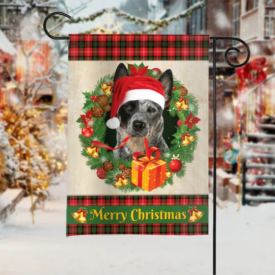 Heeler Dog Merry Christmas Flag, Love Heeler Dog Christmas Wreath dog Xmas Flag