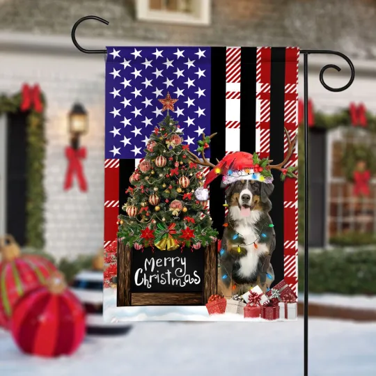 Bernese Mountain Dog Merry Christmas Flag, Bernese Mountain Dog Xmas Tree Flag