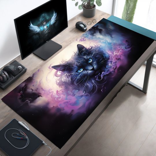Discover Mystic Black Cat Desk Mat with Purple Watercolor Smoke